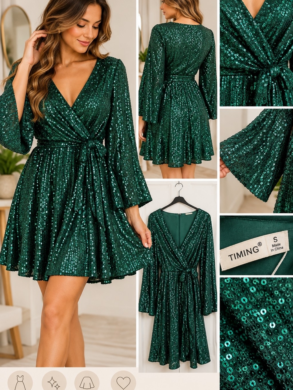 TIMING Forest Green Sequin Wrap Mini Dress